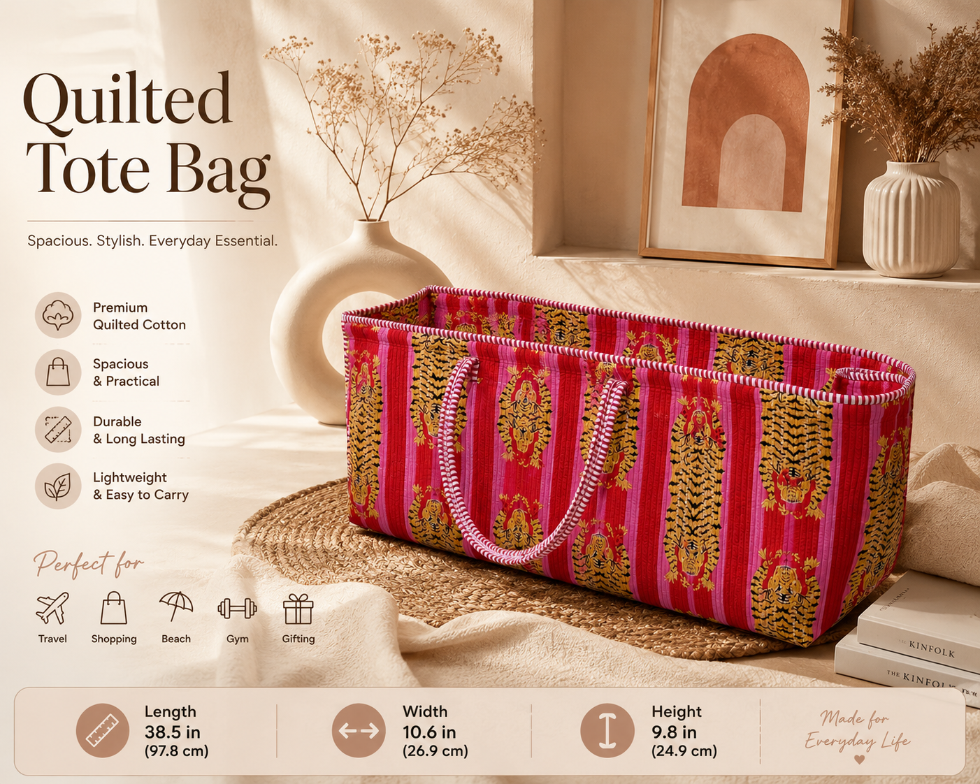 Quilted longline carry bag, 38.5 inch tiger print bag fits a yoga mat or full mahjong set