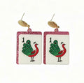Mahjong Peacock Tile Dangle Earrings – Pink Glitter Edges