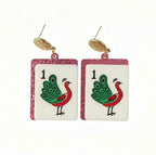 Mahjong Peacock Tile Dangle Earrings – Pink Glitter Edges