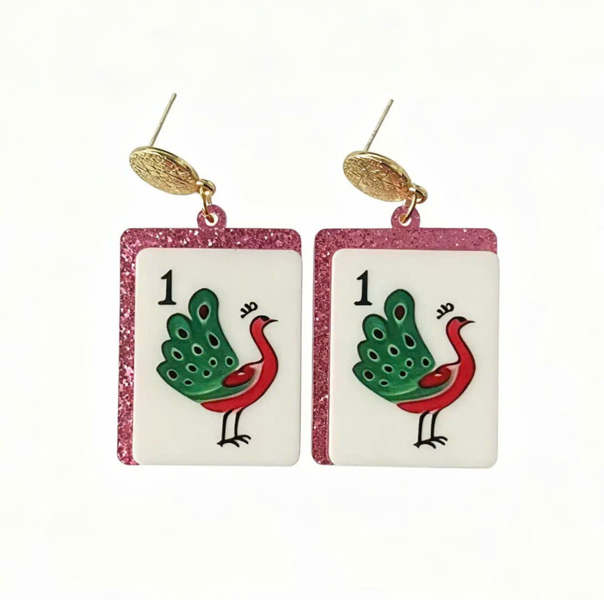 Mahjong Peacock Tile Dangle Earrings – Pink Glitter Edges
