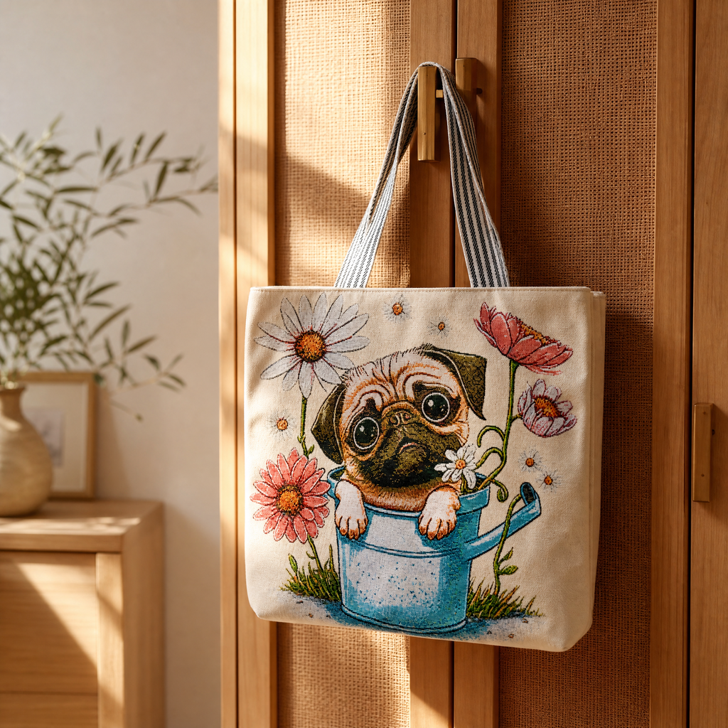 Cute Pug Floral Canvas Tote Bag – Large Capacity Shoulder Bag with Woven Dog & Flower Design