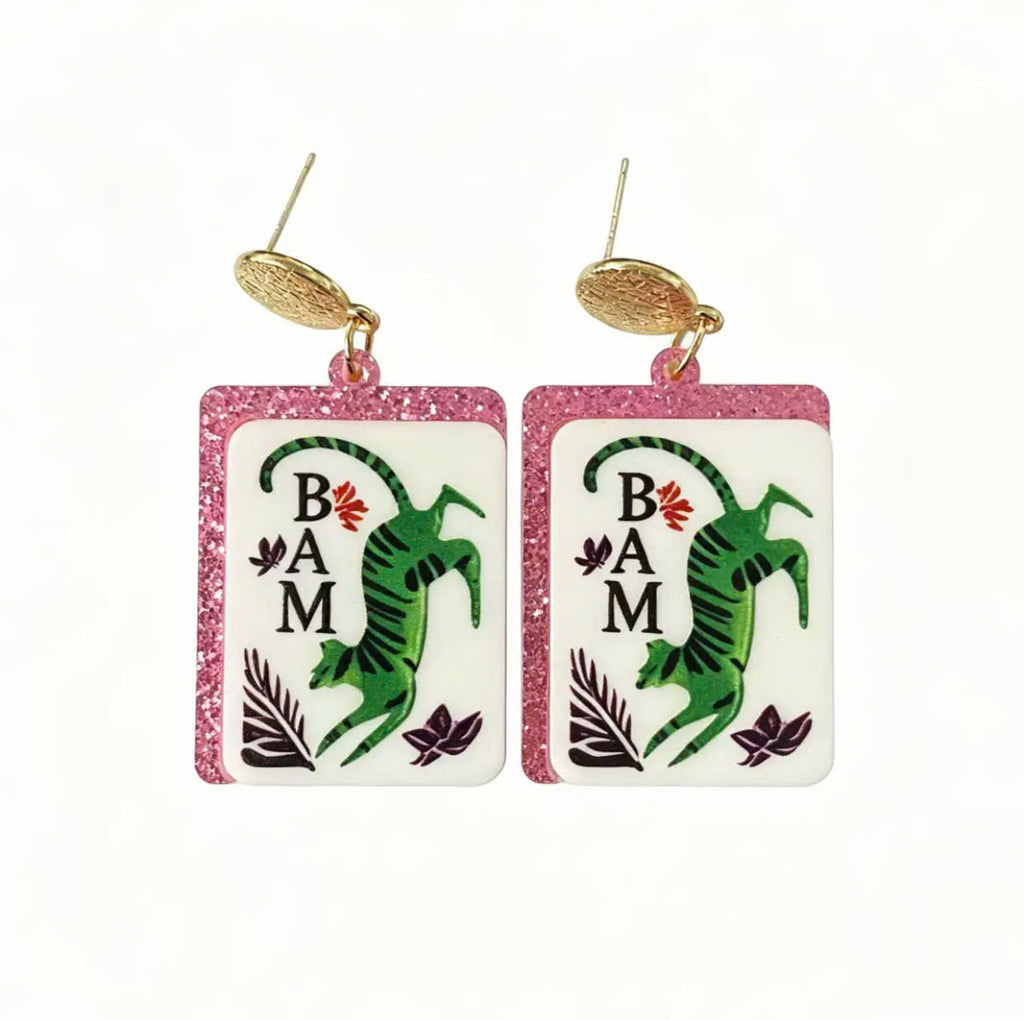 Bam Tiger Mahjong Tile Dangle Earrings – Pink Glitter Edges