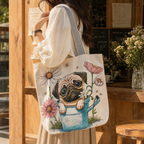 Cute Pug Floral Canvas Tote Bag – Large Capacity Shoulder Bag with Woven Dog & Flower Design