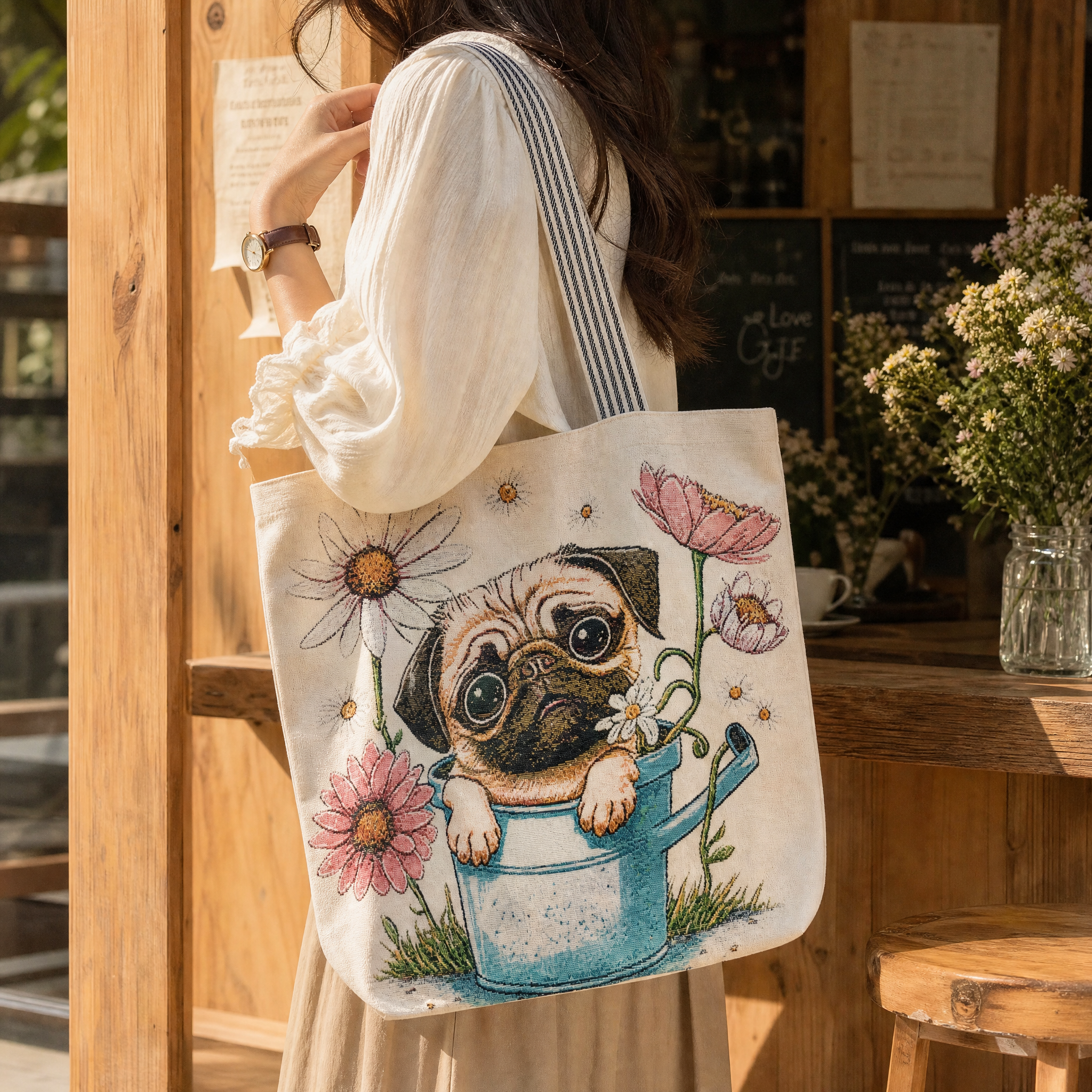 Cute Pug Floral Canvas Tote Bag – Large Capacity Shoulder Bag with Woven Dog & Flower Design