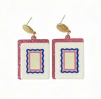 Blank Mahjong Tile Dangle Earrings – Pink Glitter Edges