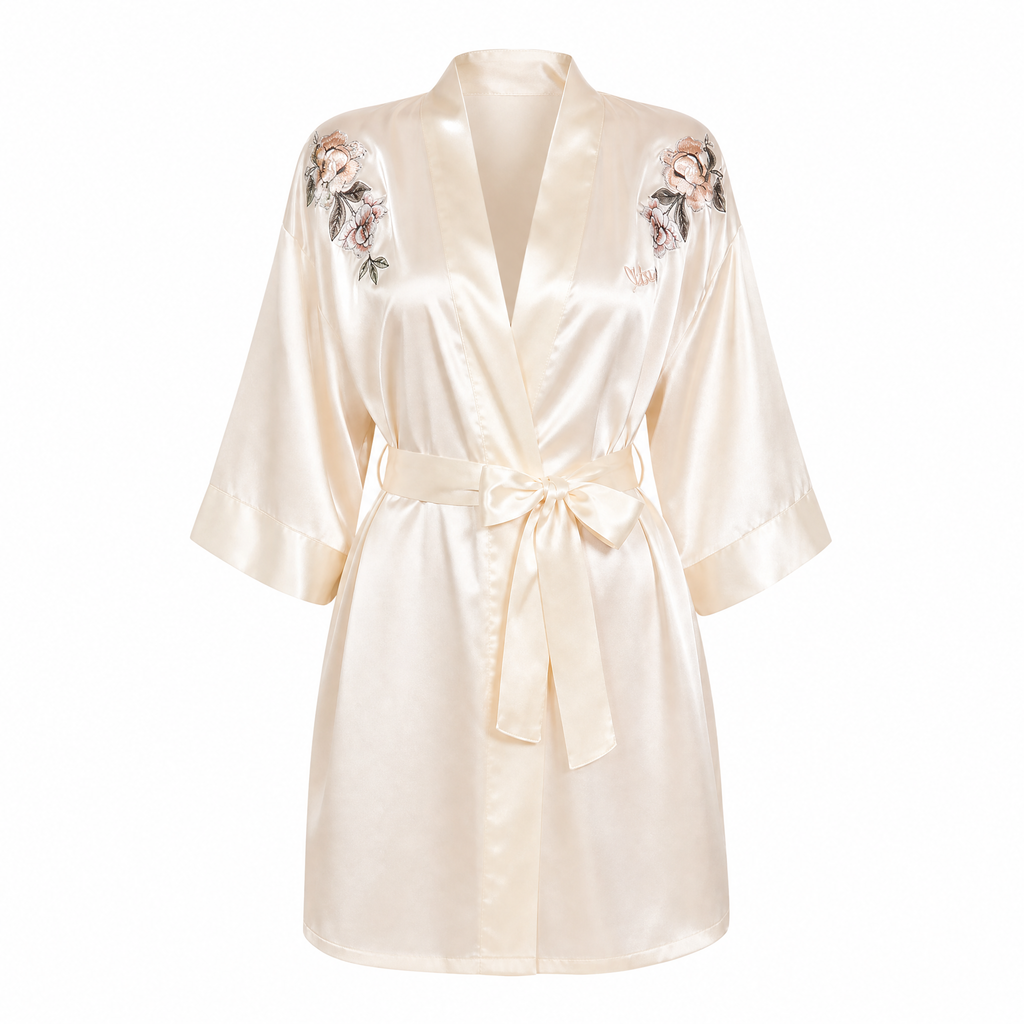 Silk Satin Robe – Short Kimono Style with Waist Tie Cream