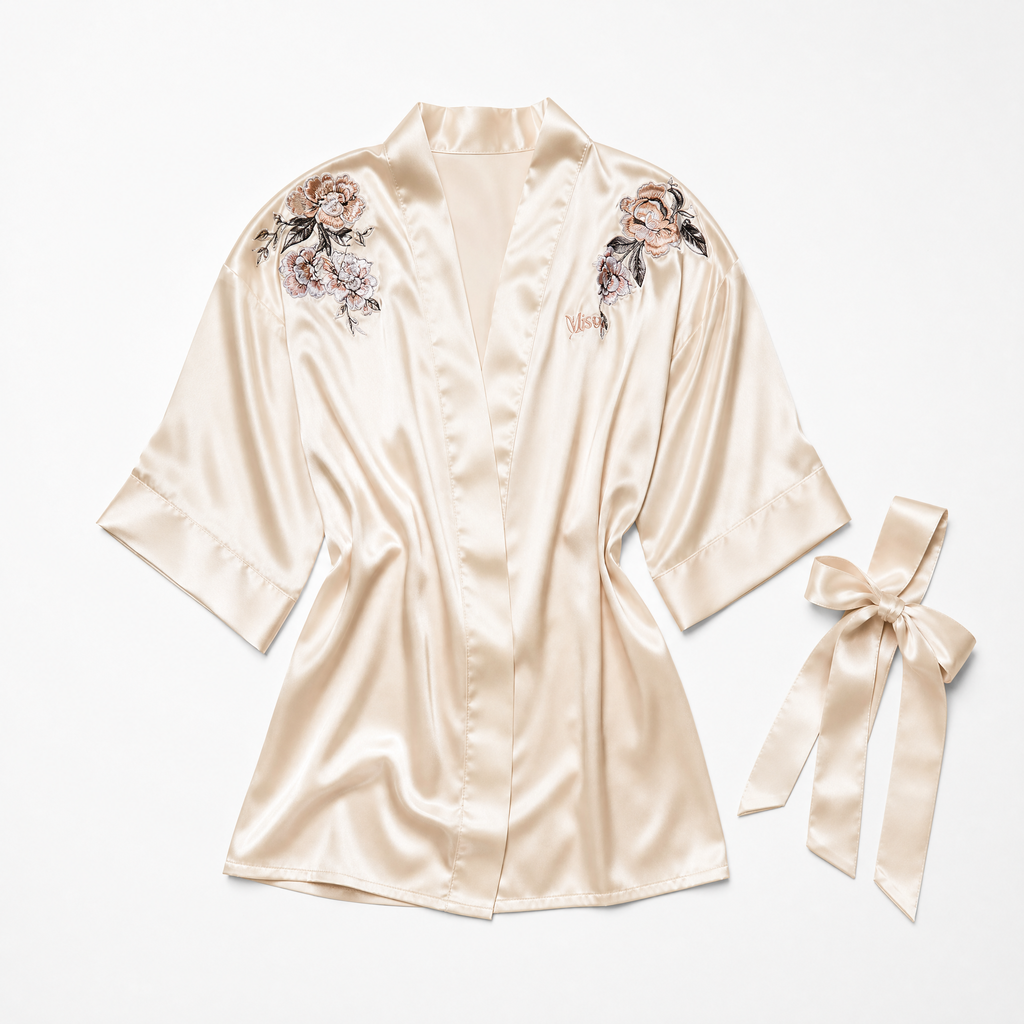 Silk Satin Robe – Short Kimono Style with Waist Tie Cream
