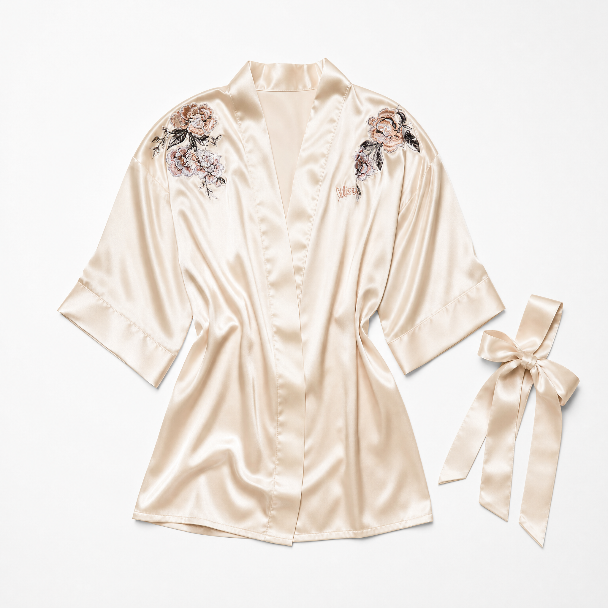 Silk Satin Robe – Short Kimono Style with Waist Tie Cream