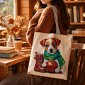 Cute Puppy Canvas Tote Bag – Apple & Scarf Dog Design Large Shoulder Bag