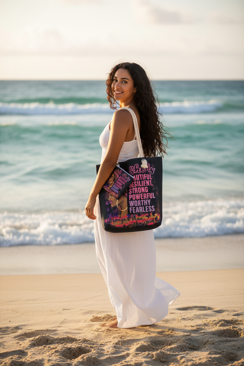Latina woman standing on sunny beach holding She is Beautiful Resilient Strong canvas tote bag – empowering beach lifestyle photo