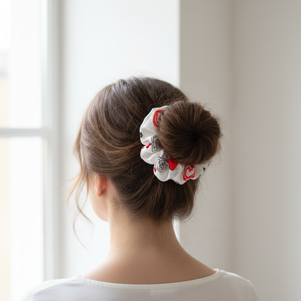Woman with white satin silk scrunchie in crown heart print wrapped around messy bun hairstyle – oversized satin scrunchie gift set