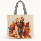 Studio mockup of a natural woven canvas tote with a Golden Retriever and autumn leaves, front-facing product image for dog lovers.