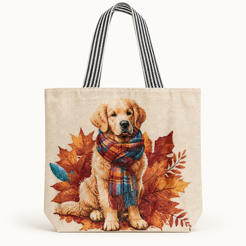 Studio mockup of a natural woven canvas tote with a Golden Retriever and autumn leaves, front-facing product image for dog lovers.