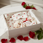 Heart print satin sleep gift set in open gift box with Be My Valentine tag and red roses — romantic Valentine's Day gift for women with pillowcase, eye mask and scrunchie, USA UK Australia, May Silk Co