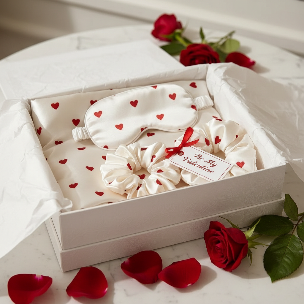 Heart print satin sleep gift set in open gift box with Be My Valentine tag and red roses — romantic Valentine's Day gift for women with pillowcase, eye mask and scrunchie, USA UK Australia, May Silk Co