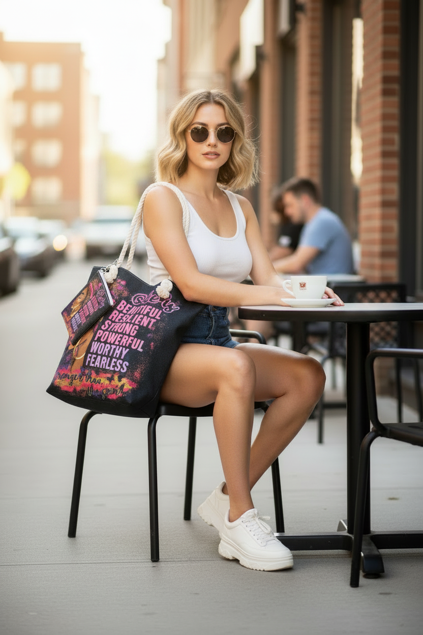 Young woman at outdoor cafe with She is Beautiful Resilient Strong canvas tote bag and matching wallet – lifestyle photo