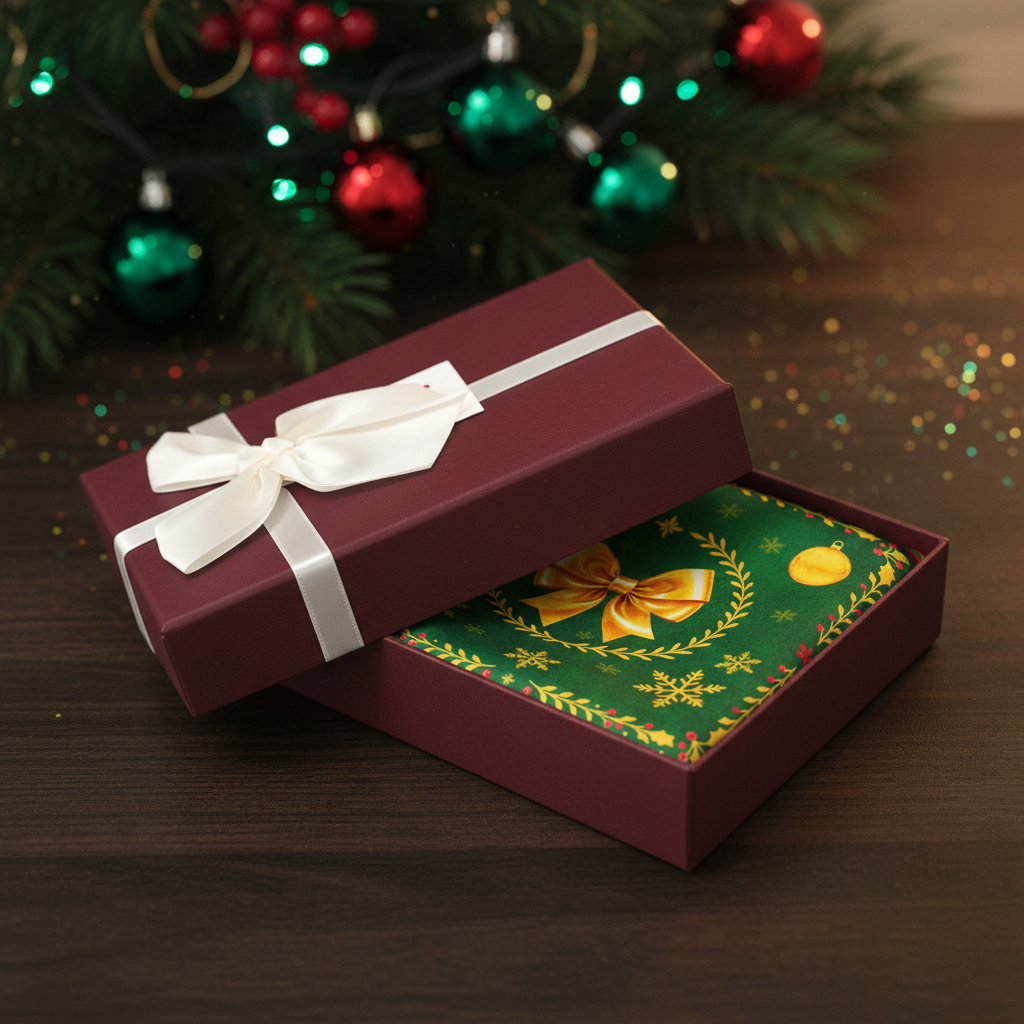 Luxury gift box half open revealing green Christmas print silk scarf with gold motifs inside - holiday gift set by May Silk Co