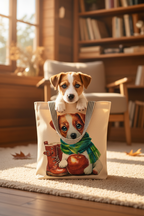 Chú Jack Russell Terrier thật ngồi trong túi, thò đầu và 2 chân trước lên miệng túi