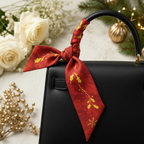 Red Christmas print silk twilly tied in bow on designer handbag handle - holiday silk accessory by May Silk Co