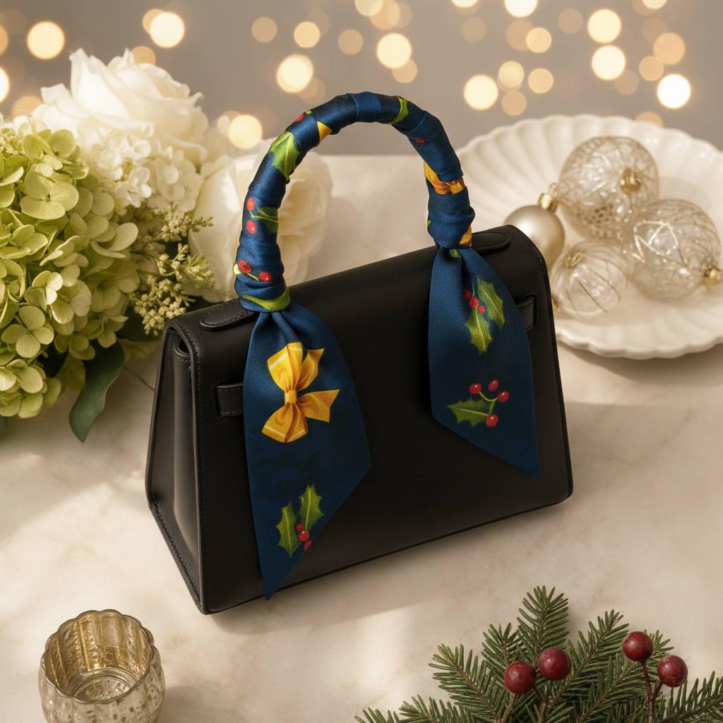 Navy blue Christmas print silk twilly wrapped neatly around designer handbag handle - holiday silk accessory by May Silk Co