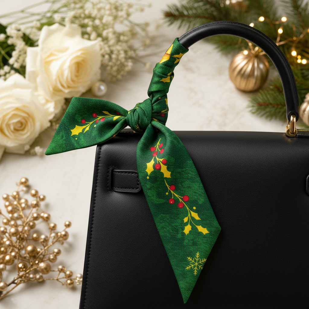 Green Christmas print silk twilly tied in bow on designer handbag handle - holiday silk accessory by May Silk Co