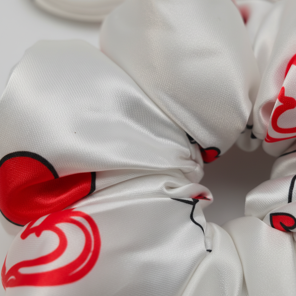 Close-up of white satin silk fabric with crown and heart print showing smooth luxurious texture – premium satin sleep gift set for women