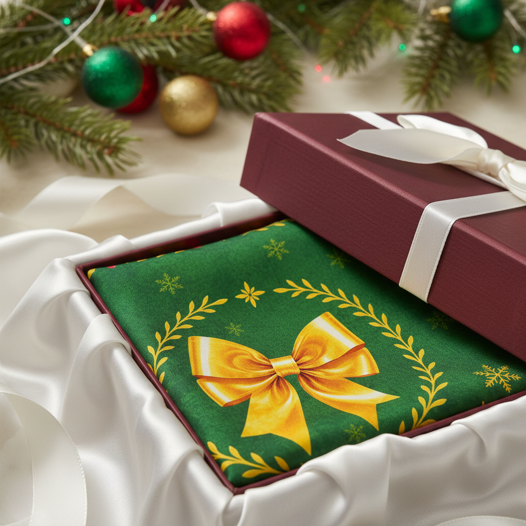 Close-up of green Christmas silk scarf with red border and gold snowflake motifs neatly folded inside burgundy gift box - May Silk Co