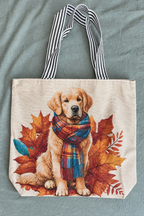 Brighter full view of the natural woven canvas Golden Retriever tote with striped handles and autumn artwork, preserving the original product design and proportions.