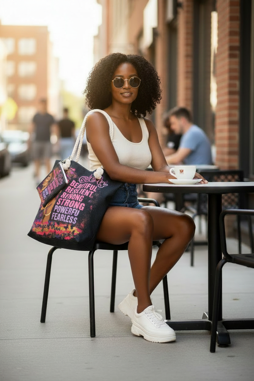 Latina woman sitting at outdoor cafe with She is Beautiful Resilient Strong canvas tote bag and matching wallet – empowering lifestyle photo