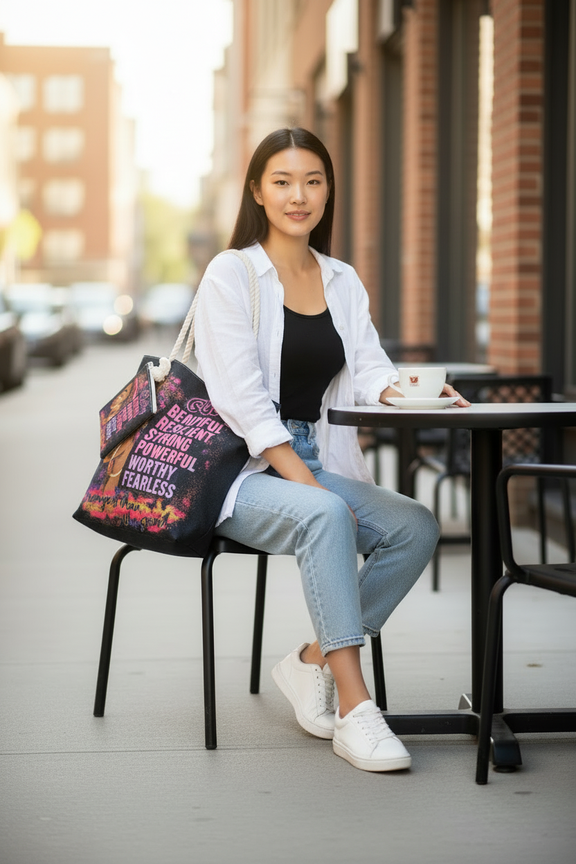 Young Asian woman sitting at outdoor cafe with She is Beautiful Resilient Strong canvas tote bag and matching wallet – empowering lifestyle photo