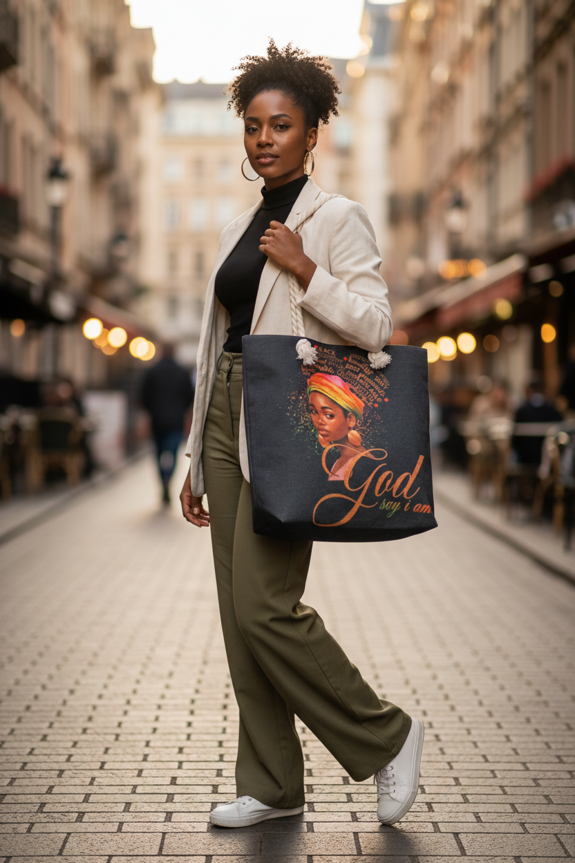 Stylish Black woman walking on city street with God Say I Am canvas tote bag – urban lifestyle photo