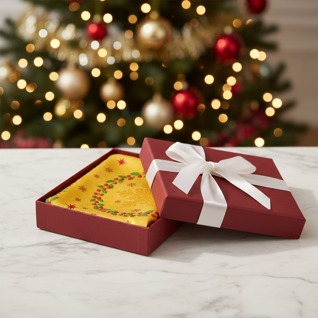 Luxury gift box open revealing gold Christmas print silk scarf with holly and snowflake motifs inside - holiday gift set by May Silk Co