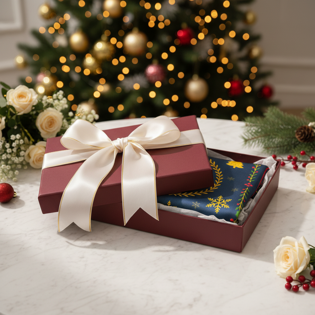 Luxury gift box open revealing navy blue Christmas print silk scarf with golden bow and snowflake motifs inside - holiday gift set by May Silk Co