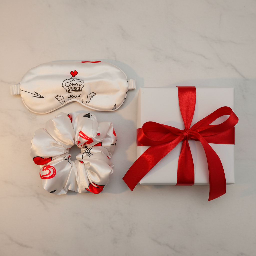 Satin silk eye mask and scrunchie gift set with crown heart print next to wrapped gift box with ribbon – birthday and Valentine's Day gift for women