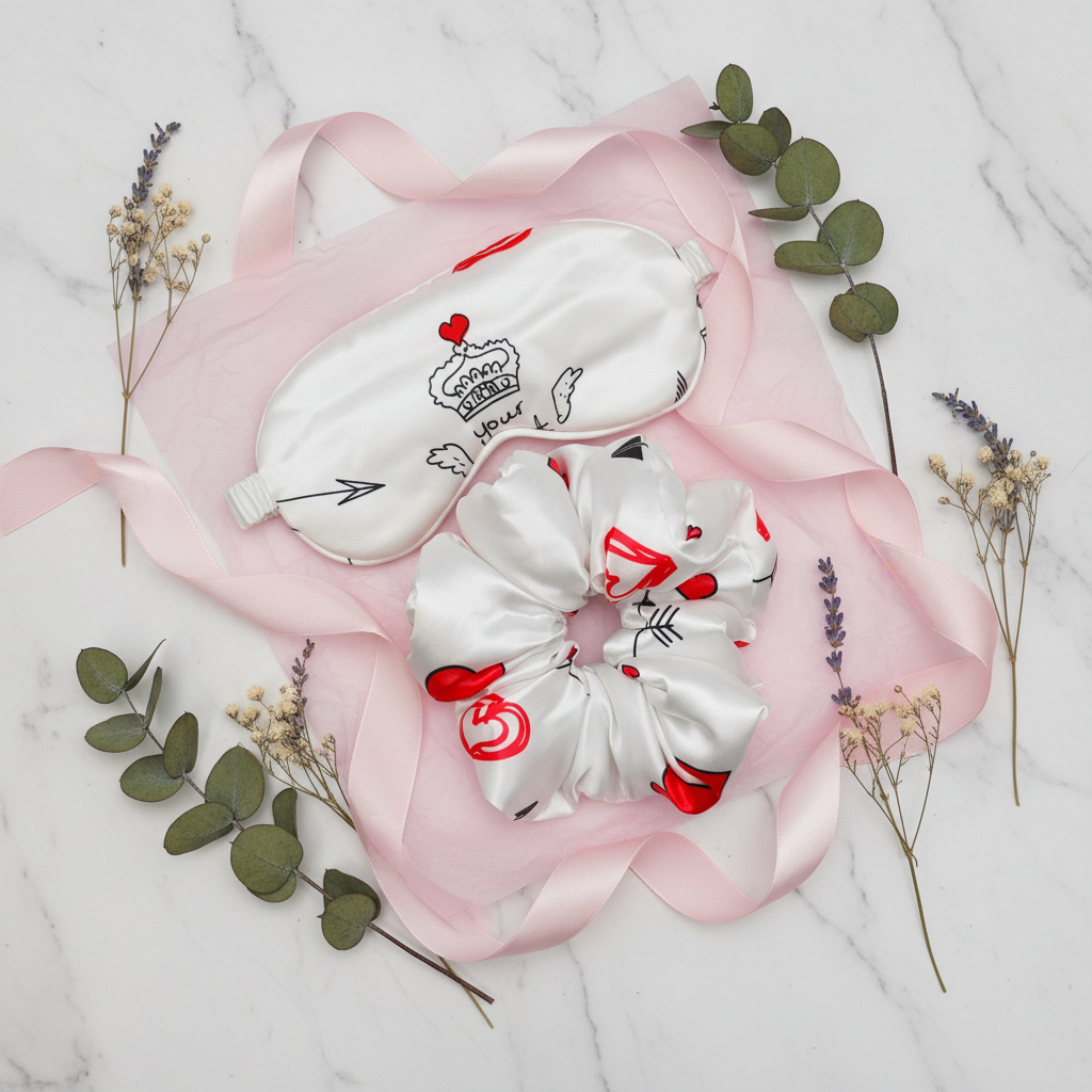 Flat lay of white satin silk eye mask and scrunchie gift set with crown heart print styled with dried flowers and ribbon on white marble – luxury self-care gift