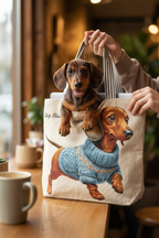 Real Dachshund puppy peeking out of a cream canvas Dog Mom tote bag – cute lifestyle photo for dog lovers
