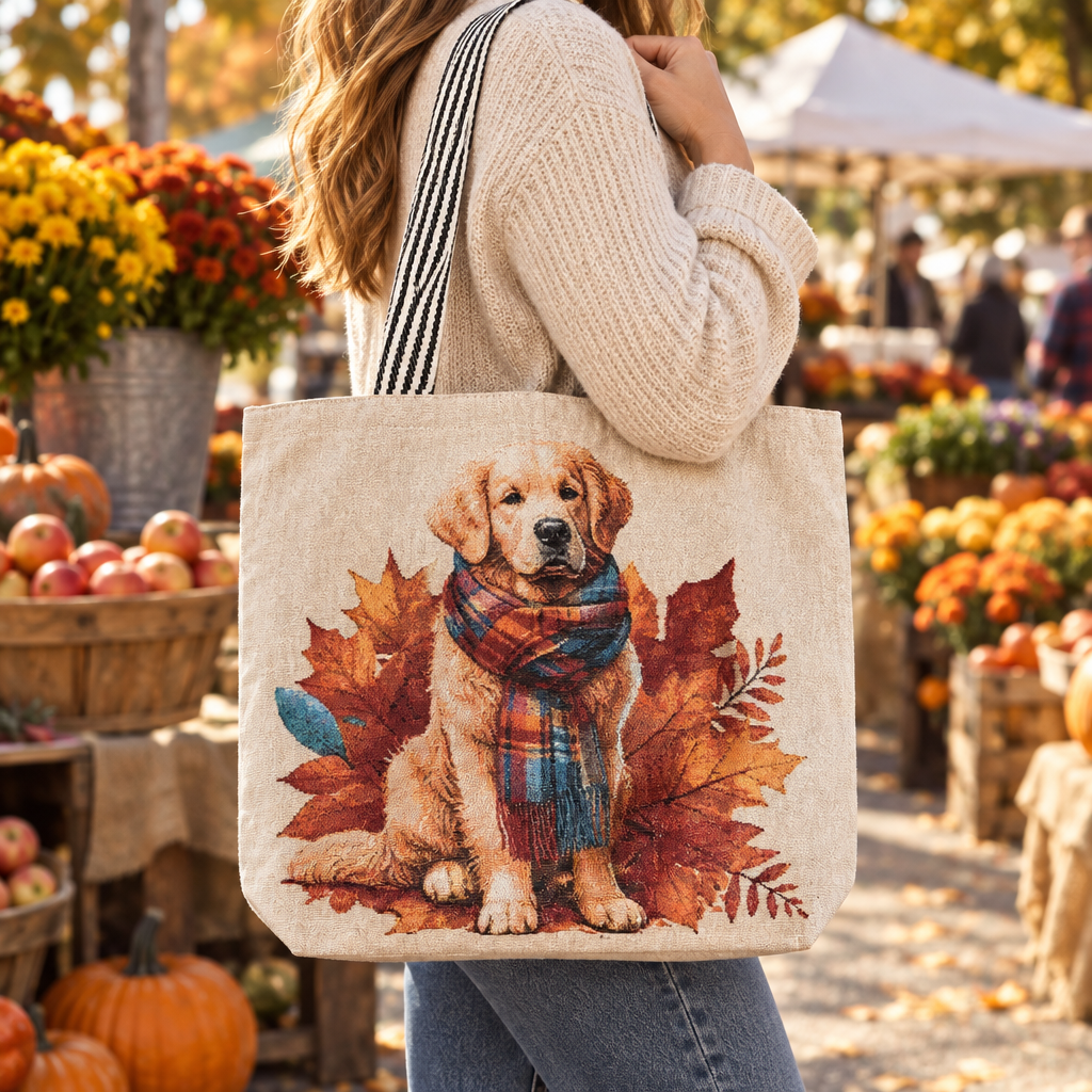 Lifestyle mockup of a woman carrying a natural woven canvas Golden Retriever tote at an autumn market, with the plaid scarf and fall-leaf artwork visible.