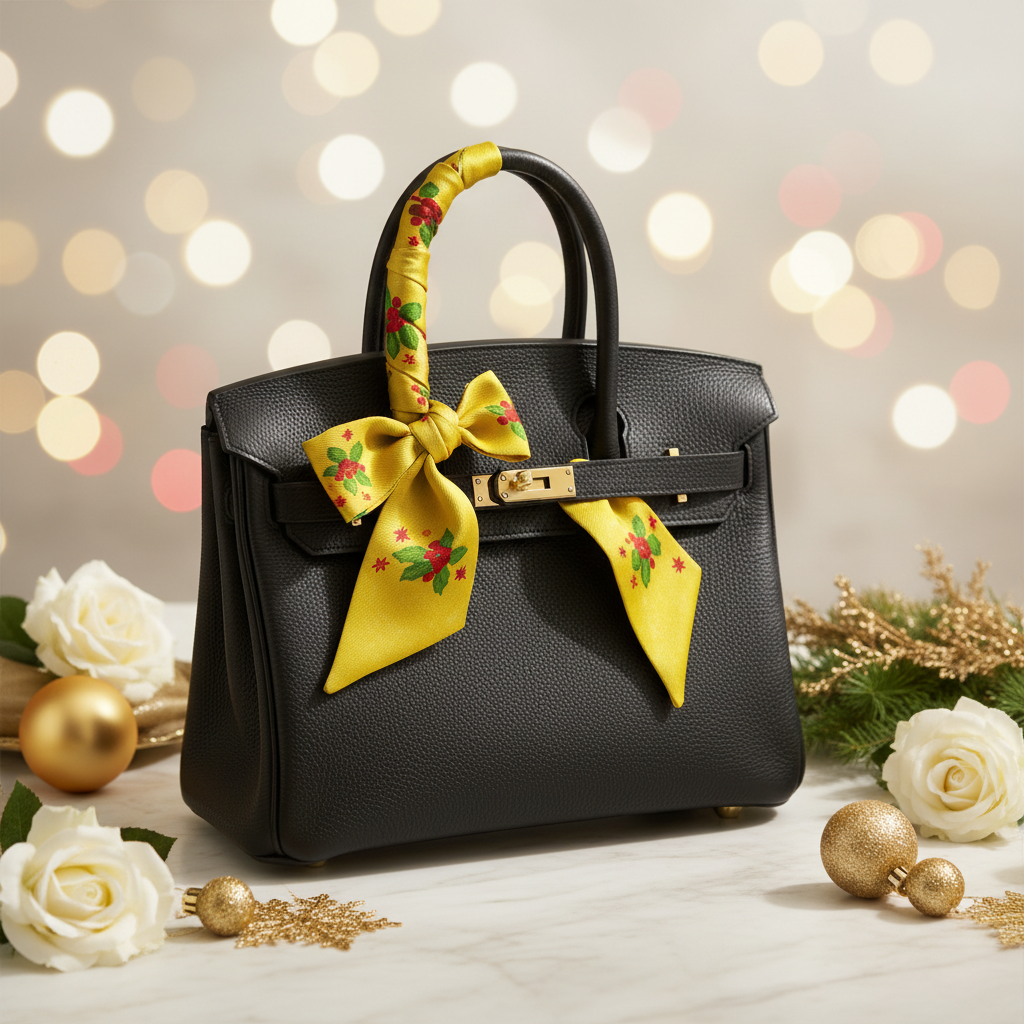 Gold Christmas print silk twilly tied in bow on designer handbag handle - holiday silk accessory by May Silk Co