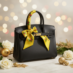 Gold Christmas print silk twilly tied in bow on designer handbag handle - holiday silk accessory by May Silk Co