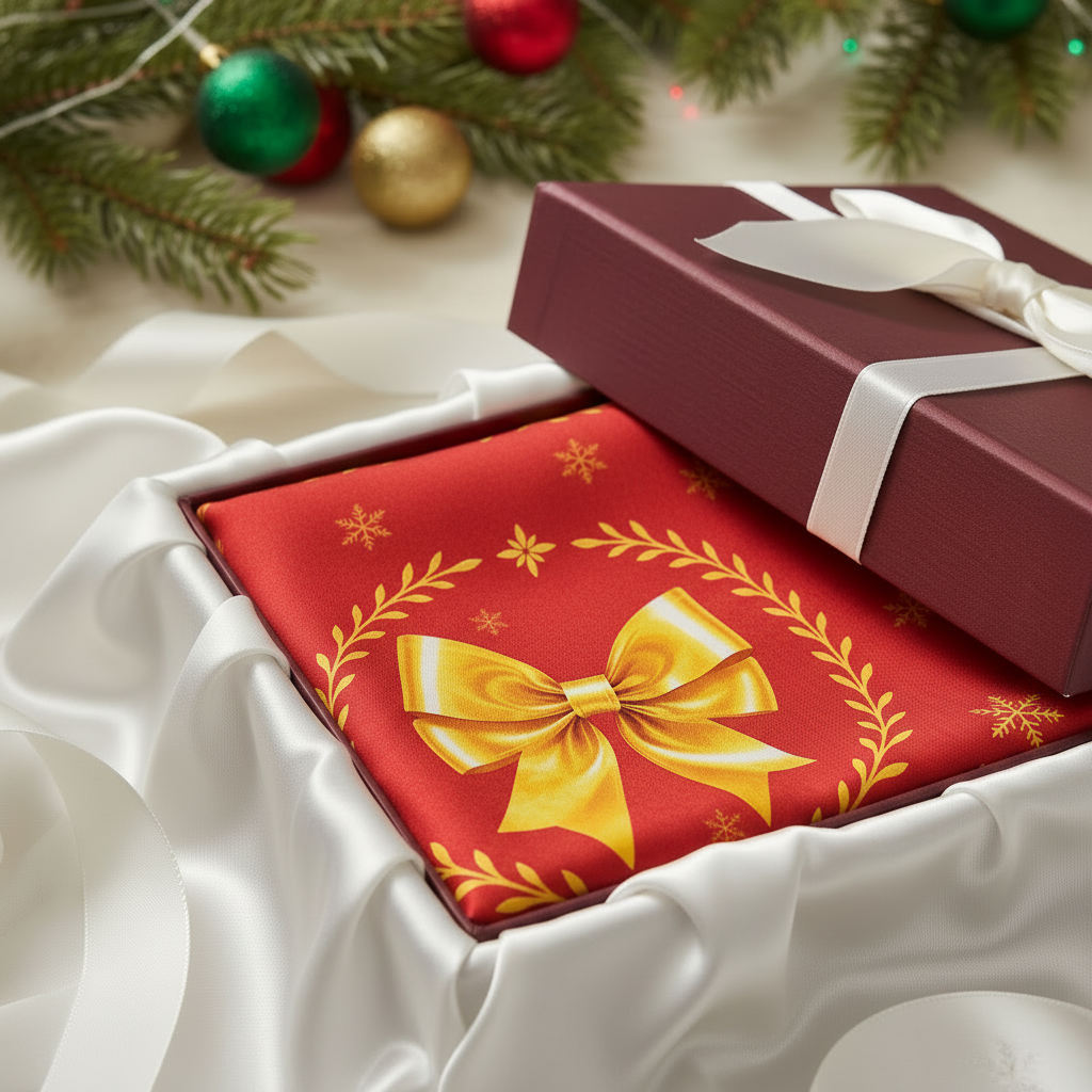 Luxury gift box open revealing red Christmas print silk scarf with golden bow and snowflake motifs inside - holiday gift set by May Silk Co