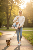 Woman walking her Dachshund dog carrying a personalized Dog Mom canvas tote bag with Dog Hair Don't Care tagline