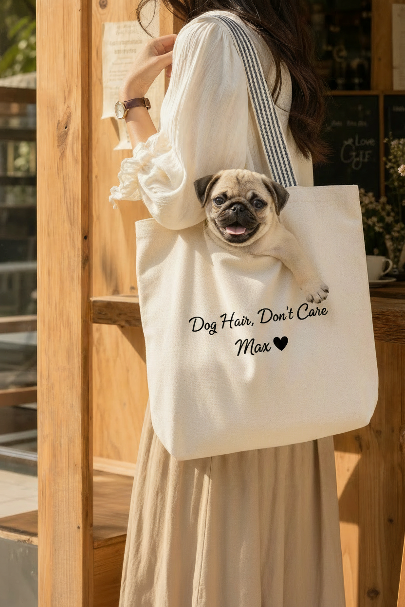 Real Pug puppy peeking out of a canvas tote bag with Dog Hair Don't Care and Max text – personalized pug mom gift lifestyle photo