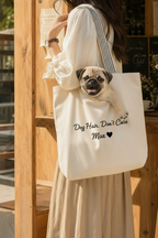 Real Pug puppy peeking out of a canvas tote bag with Dog Hair Don't Care and Max text – personalized pug mom gift lifestyle photo