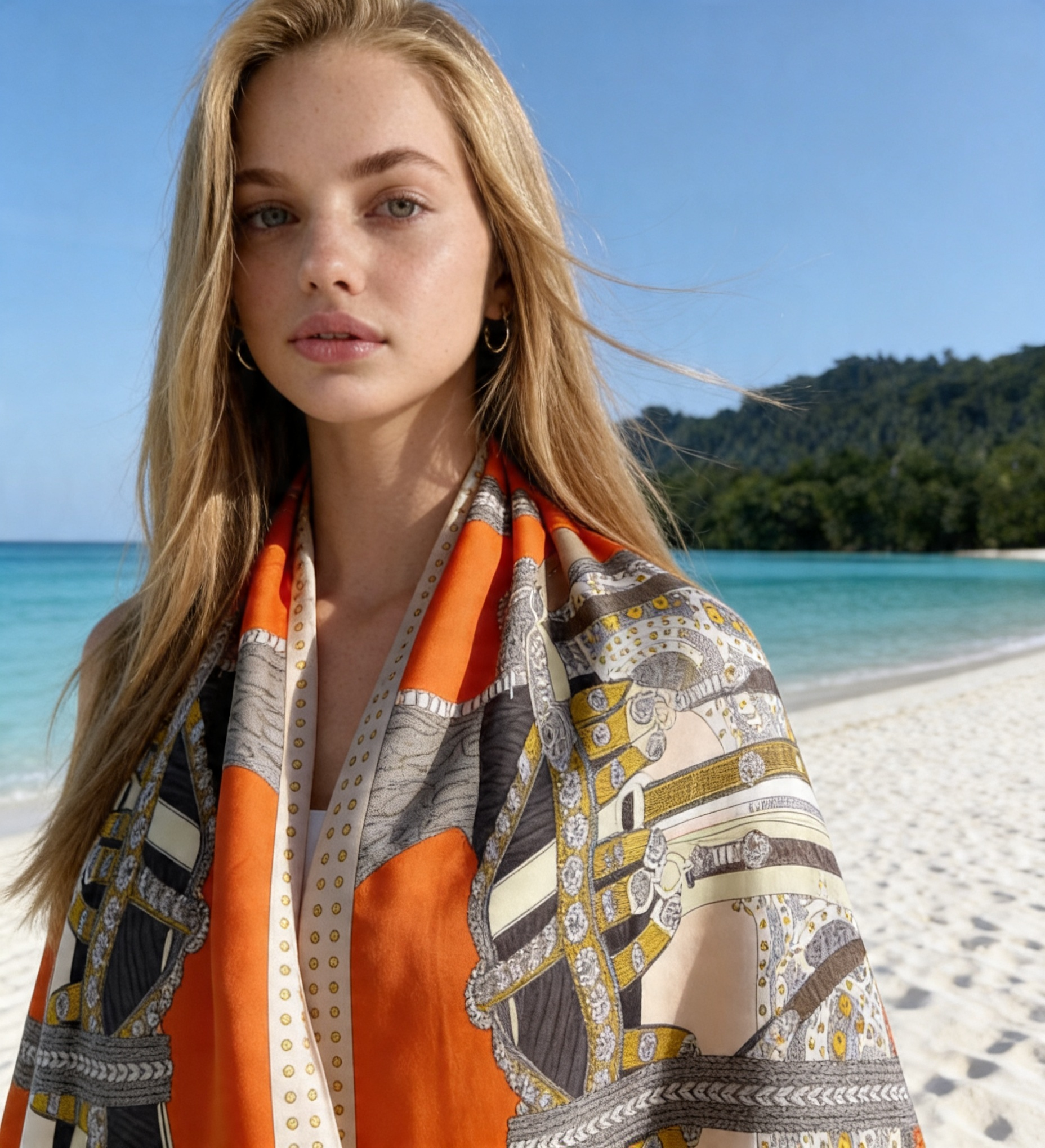 Silk Satin Scarf – 180 x90 Lightweight Long Wrap (Orange Print)