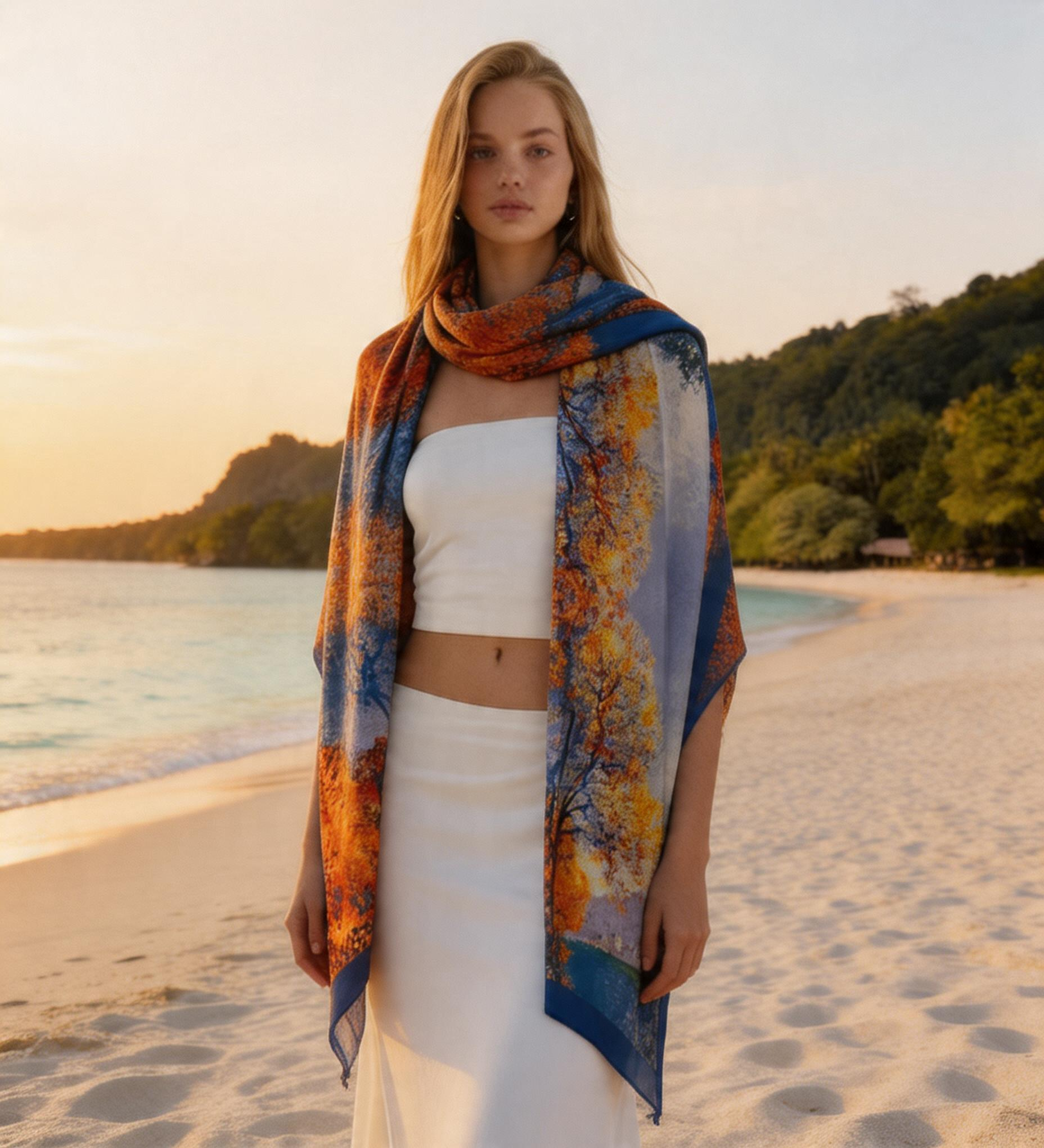 Autumn Forest Print Scarf Shawl – Lightweight Fashion Wrap 180x90 cm