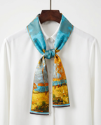 Silk Twilly Scarf – Landscape Art Print Blue Gold (145x15cm)