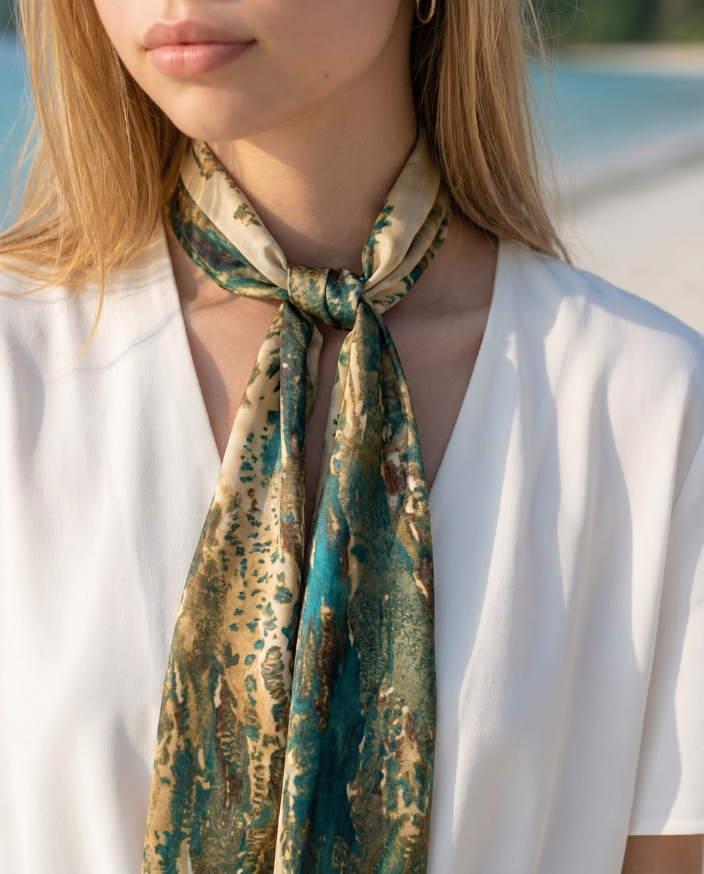 Silk Twilly Scarf – Vintage Landscape Print Green Beige (145x15cm)
