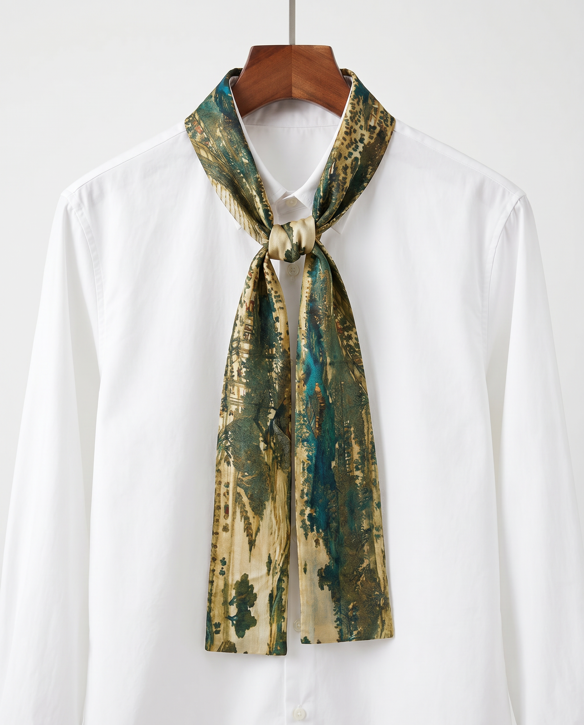 Silk Twilly Scarf – Vintage Landscape Print Green Beige (145x15cm)