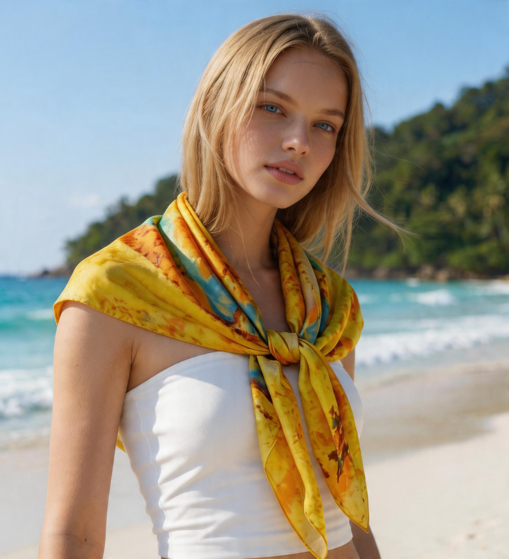 Sunflower Art Silk Scarf for Women – 90x90 Yellow Floral Square Neck Scarf