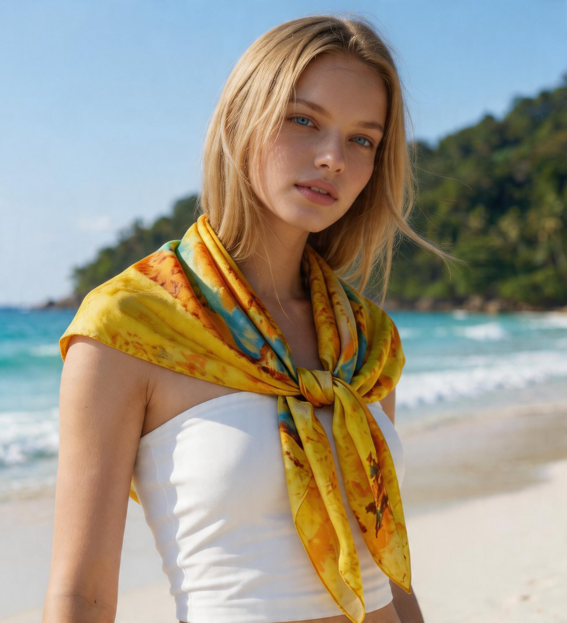 Sunflower Art Silk Scarf for Women – 90x90 Yellow Floral Square Neck Scarf
